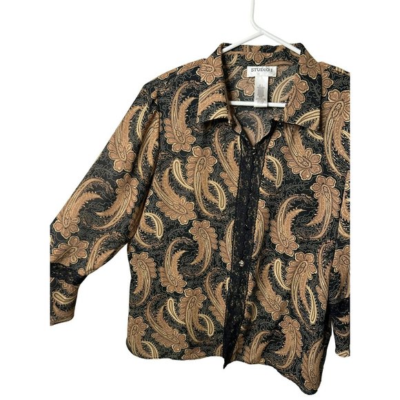 VTG Studio 1 Ladies Button Up Lace Accented Stylish Flowy Sleeve Blouse SZ 14 - Picture 3 of 7